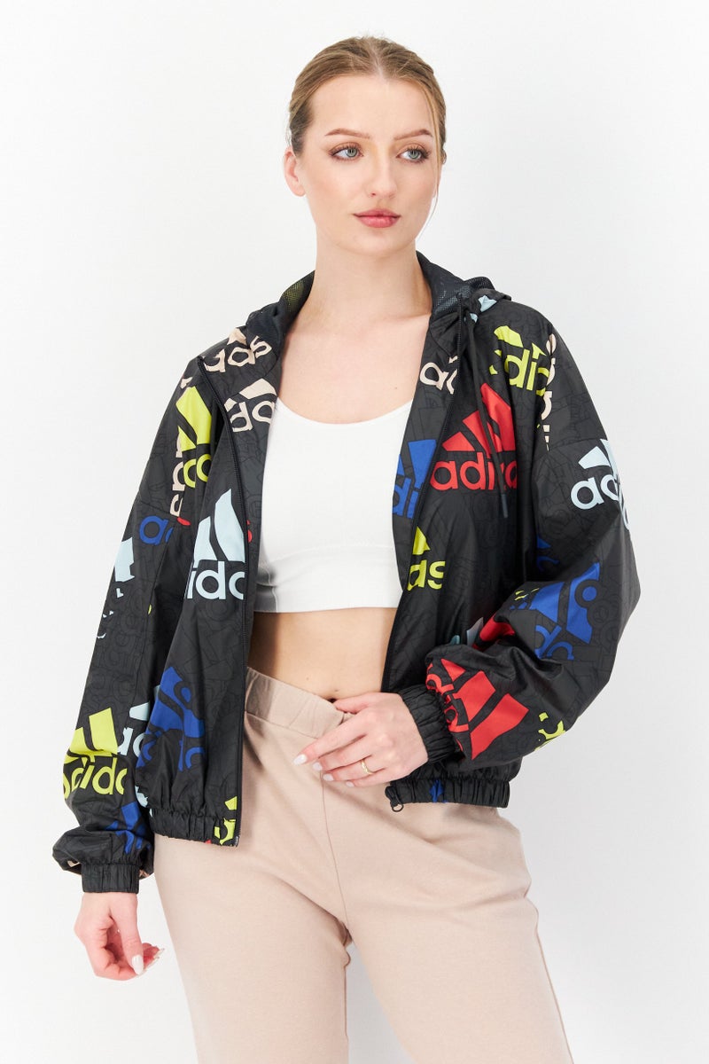 Adidas جاكيت رياضي نسائي بغطاء رأس بأكمام طويلة، مزيج رمادي - Image 1